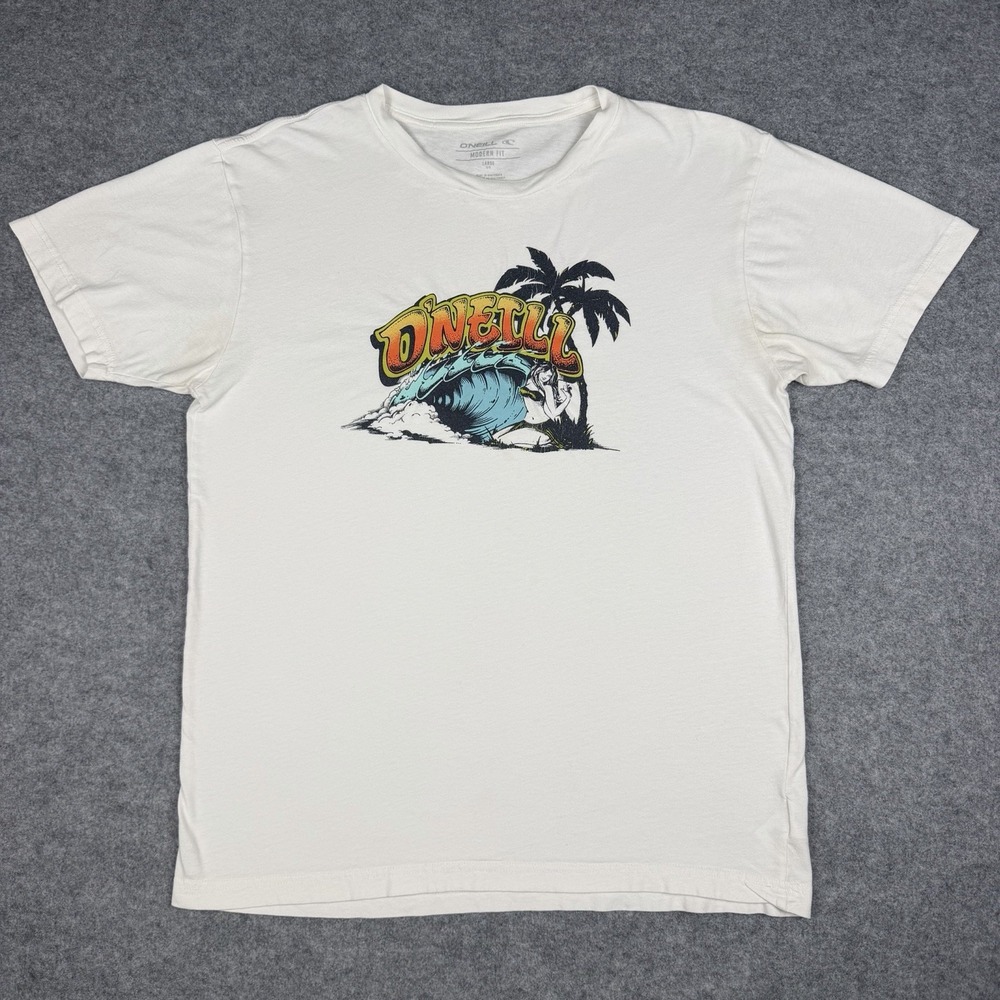 ONeill T Shirt Mens Large Cream Graphic Tee Surf Wave Hula Girl Modern Fit L